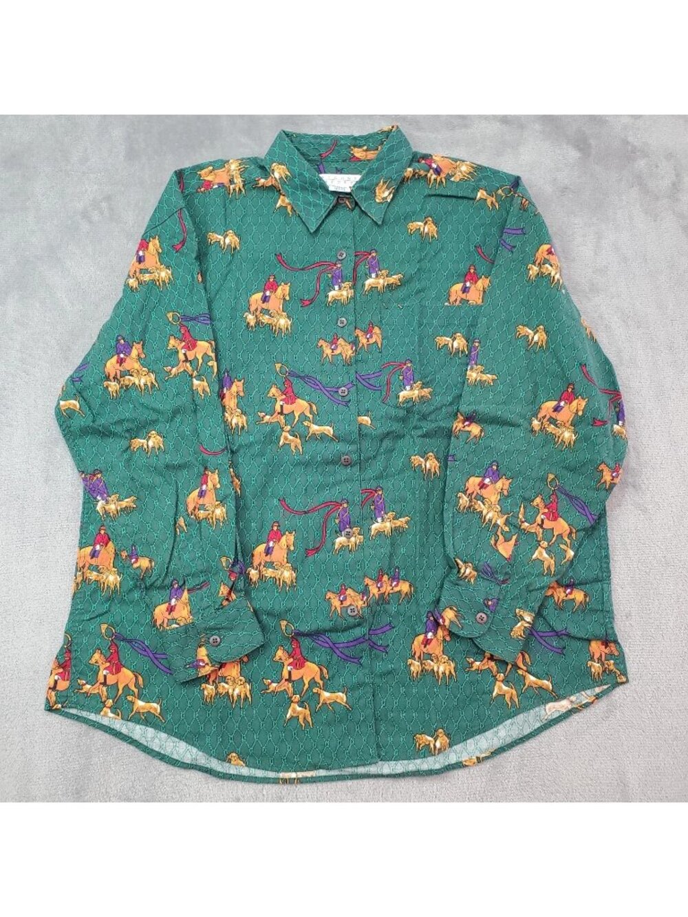 Vintage Equestrian Fox Hunt Womens L Green Horse Print Top Long Slv Picone Sport